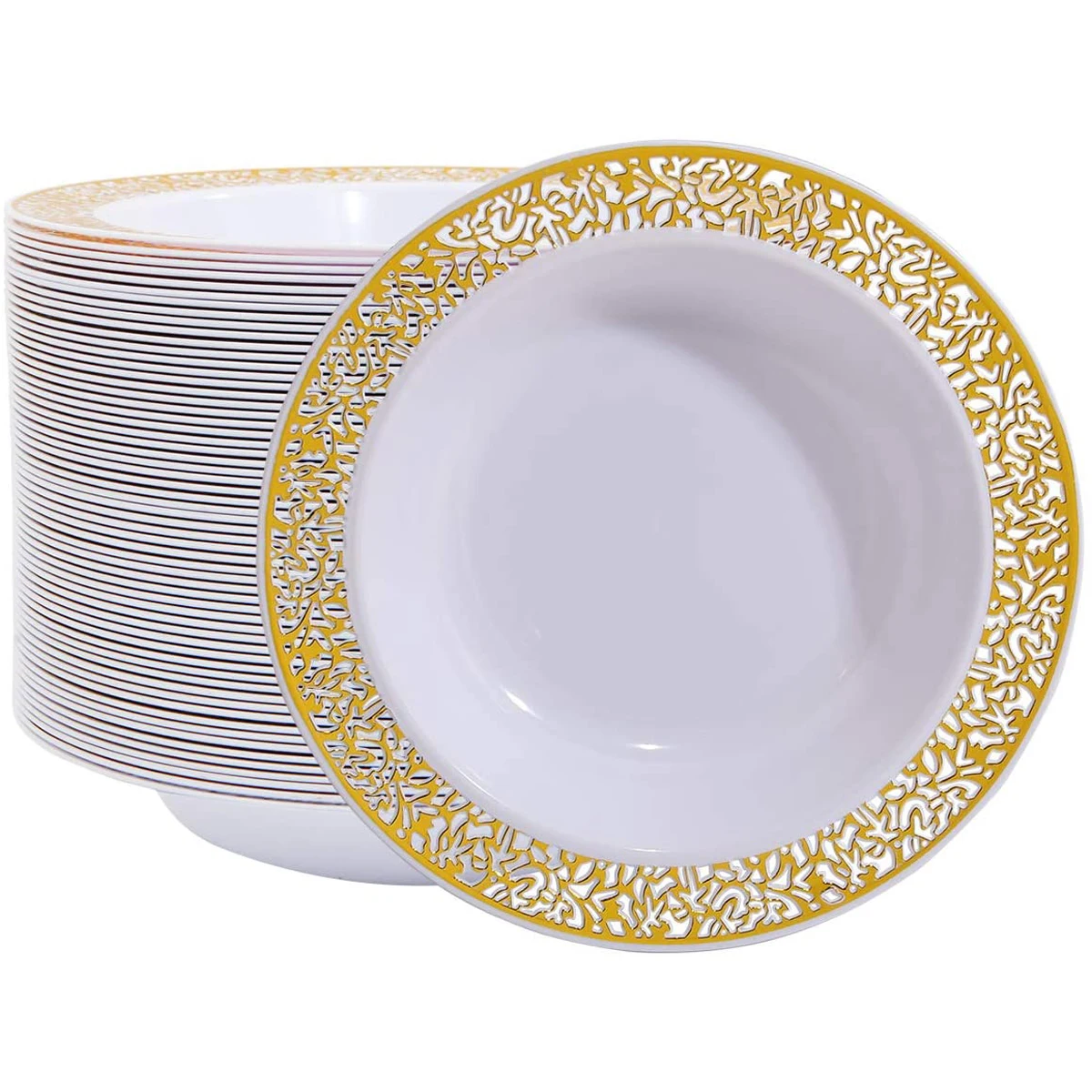 

Disposable Plastic Bowls-12 oz Soup Bowls -Gold Trim Real China Design - Premium Heavy Duty Plastic Plates for Wedding/Party