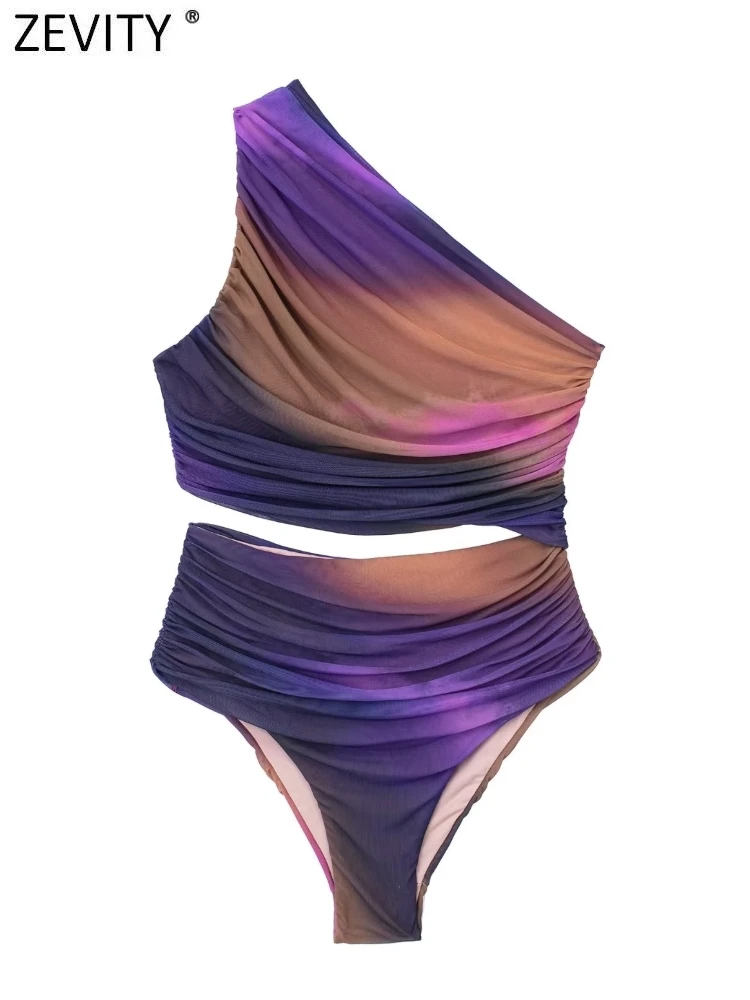 Zevity Women Sexy Tie Dye Print Cut Off Split Fitted Mesh Bodysuits Lady Single Shoulder Pleats Playsuits Beach Rompers LS3957