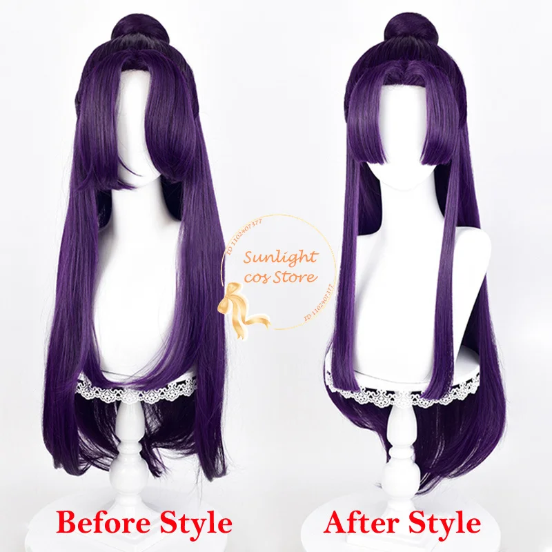 Аниме Jinshi Косплей Парик 85 см Длинный Темно-Фиолетовый С Булочком Термостойкие