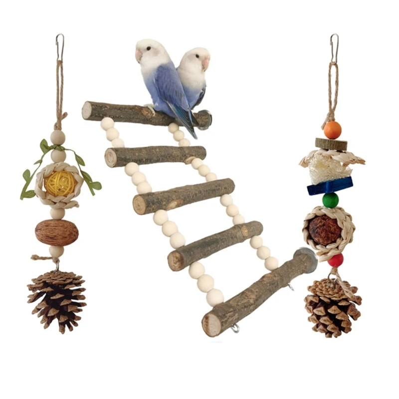 

Lovebirds Budgies Cage Perch Stand Set Ladder Swing Climbing Wooden Bridge