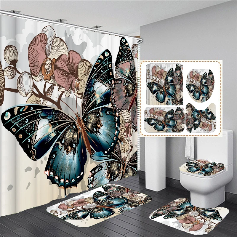 

Butterfly Flowers Series Print Shower Curtain Set for Bathroom Decor Toilet Seat Cover Rugs Non-slip Bath Mat Bathtub Curtains
