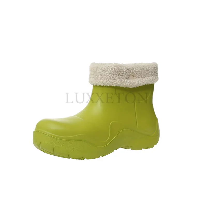 

Winter Keep Warm Waterproof Women Rain Boot Thick Bottom Fur Ankle Boots Fashion Solid Ladies Snowboot EVA Green Galoshes Shoes