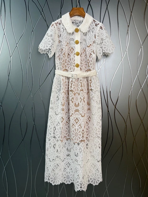 

2022 new women fashion short sleeve lapel perspective water soluble flower lace slim midi dress 714