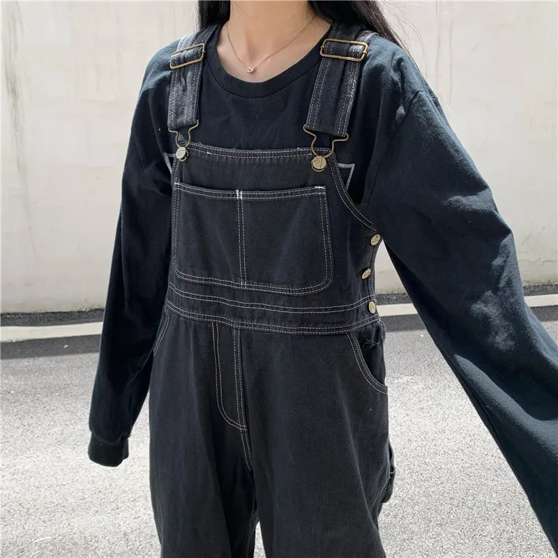 Women Denim Jumpsuit Japanese Vintage Loose Black Jumpsuit Oversized Wide Leg Overalls for Women Harajuku 2022 Summer Spring