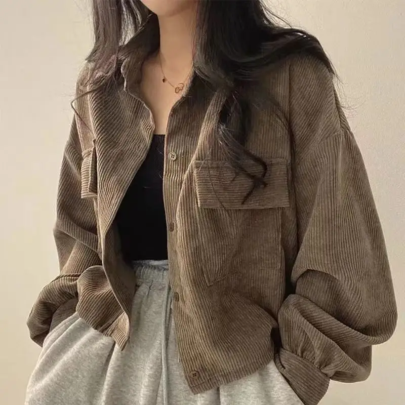 

Corduroy Vintage Oversized Crop Women's Jacket Black Chic Coats Harajuku Fashion New Cardigan Female Tops Retro Clothes