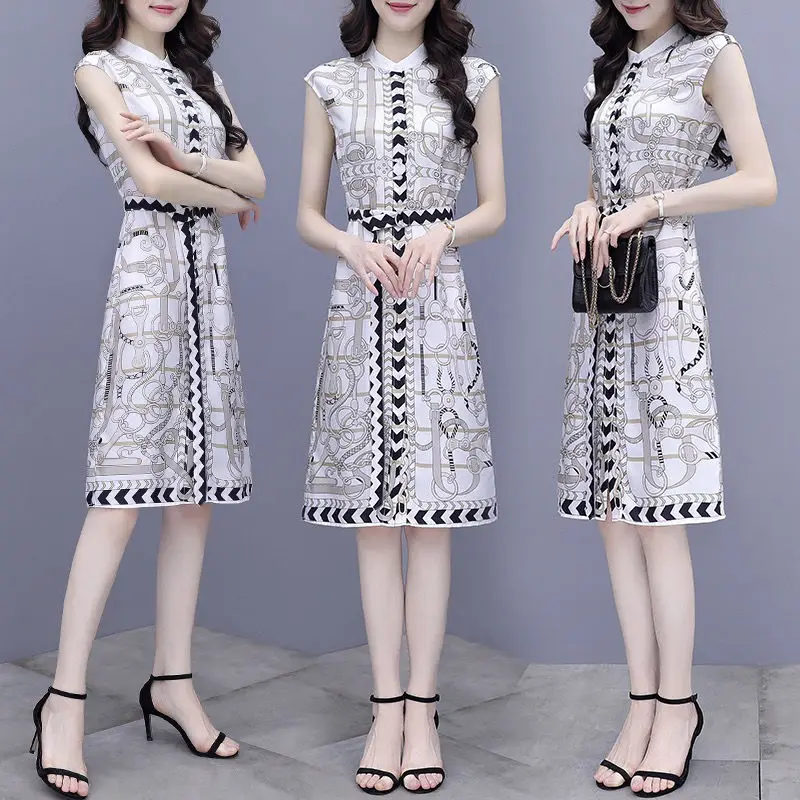 

2023 New Summer Chiffon Sleeveless Knee-Length Dresses Women's Fashion Printing Clothing Korean Elegant Belt Female Dress