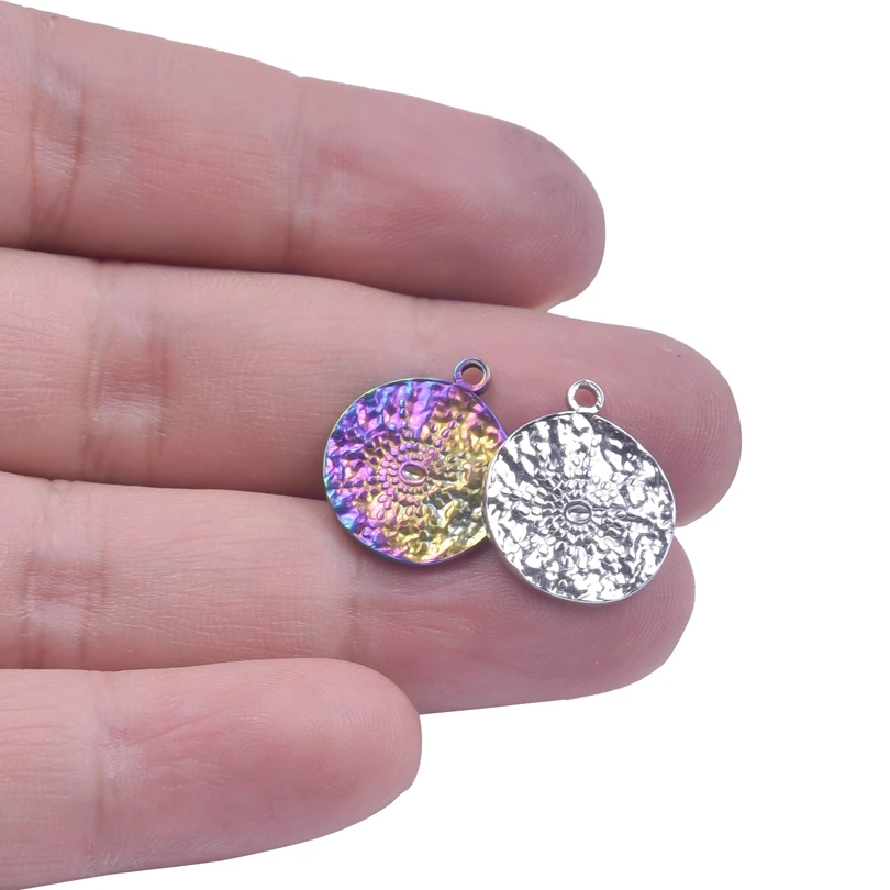 

5pcs/Lot Rainbow Silver Color Irregular Round Hammered Plaque Charms Punk Sun Pattern Pendant For Keychain Making Supplies