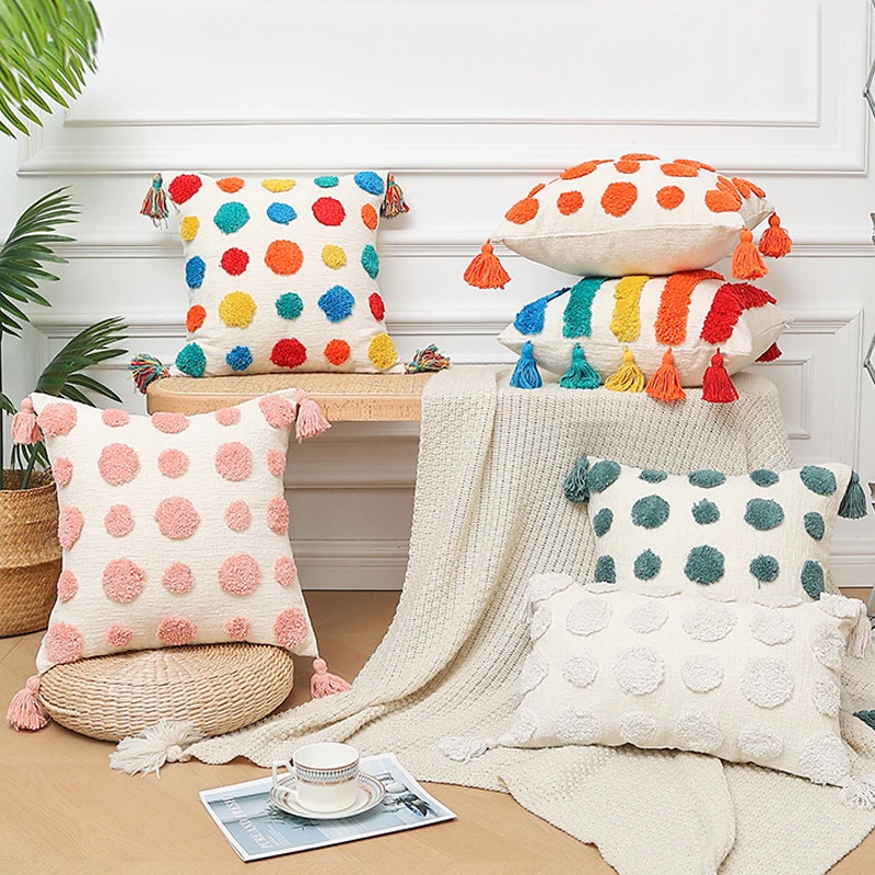 

Tassels Chenille Cotton Cushion Cover 30x50cm 45x45cm Bohomain Home Decoration Wave Tufted Pillow Case For Living Room Decor