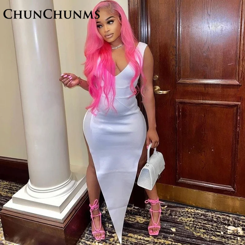 

Sexy White V-neck Irregular Women Dress 2022 Fashion Party Elegant Evening Slim Mini Dresses Street Sleeveless Bodycon Outfits