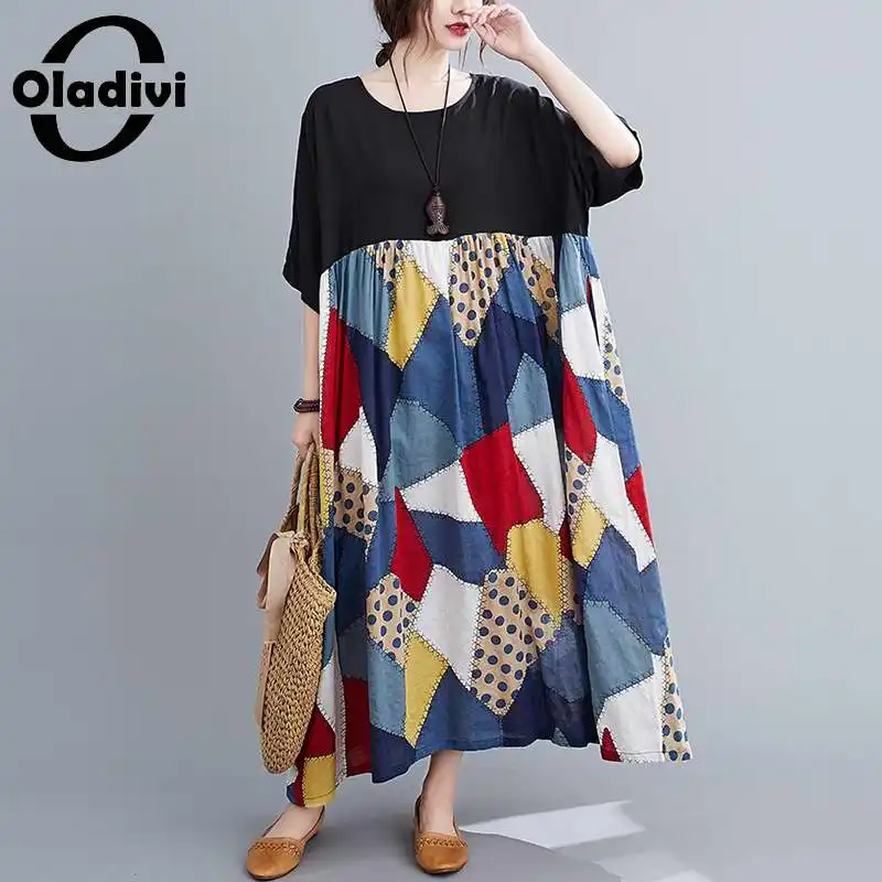 

Oladivi Oversized Women Fashion Print Summer Long Boho Dress Ladies Casual Loose Short Sleeve Big Dresses Tunic Vestidio 8XL 7XL