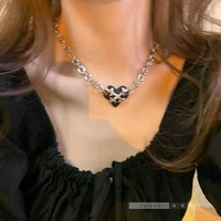 2022 new fashion gothic style minority design black love heart necklace for women cool metal chain korea punk trend party gift
