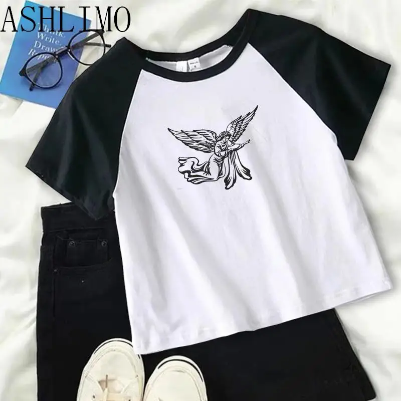 

Summer Women Retro Angel Y2k Emo Sexy Crop Top Harajuku Black Short Sleeve O-neck T Shirts Aesthetic Clothes Streetwear Tanks
