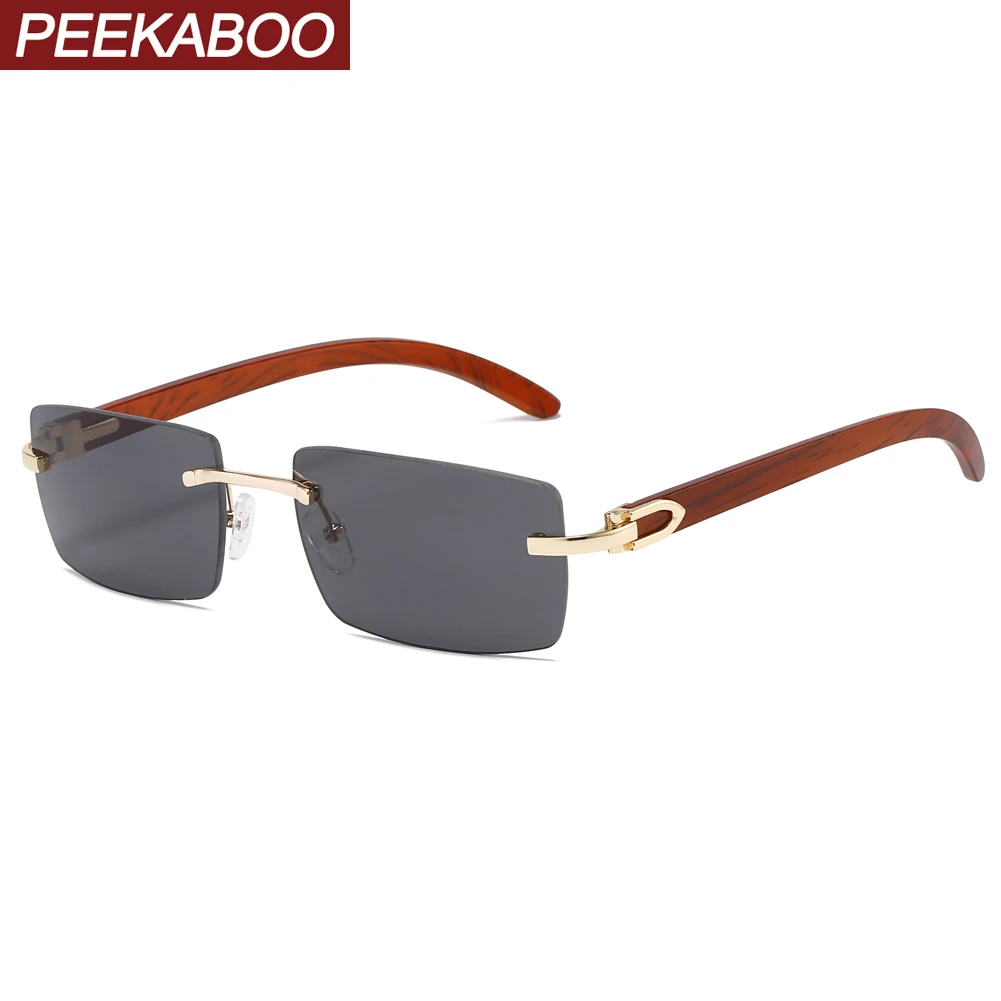 

Peekaboo frameless square sun glasses uv400 men female fashion rimless sunglasses for women wood grain male 2022 light color