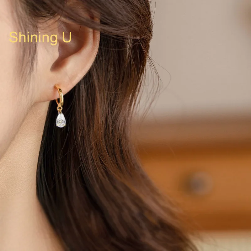 Фото Серьги-подвески Shining U из позолоченного серебра 925 пробы, 5*7 мм, грушевидной огранки, для женщин, ювелирные изделия, оптовая продажа для свадеб. №2