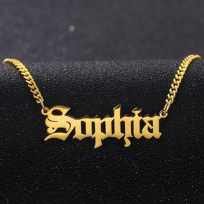 

Personalized Custom Gold Color Stainless Steel Name Necklace Pendant Nameplate Necklace With 3mm Cuban Chain