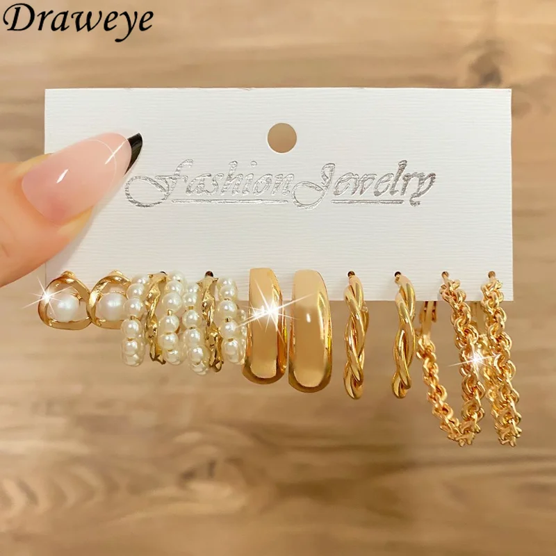 

Draweye Jewelry Sets for Women Geometric Vinage Pearls Korean Fashion Stud Earrings Office Lady Elegant Sweet Pendientes