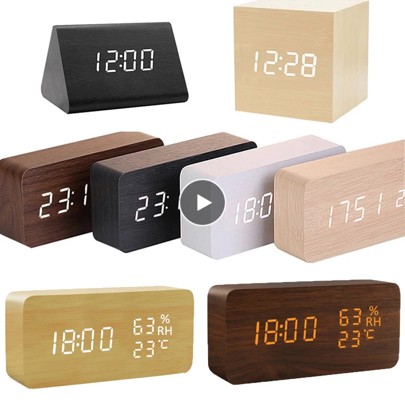 

USB/AAA Clocks LED Wooden Alarm Clock Watch Table Voice Control Digital Wood Despertador Electronic Desktop Table Decor 2022