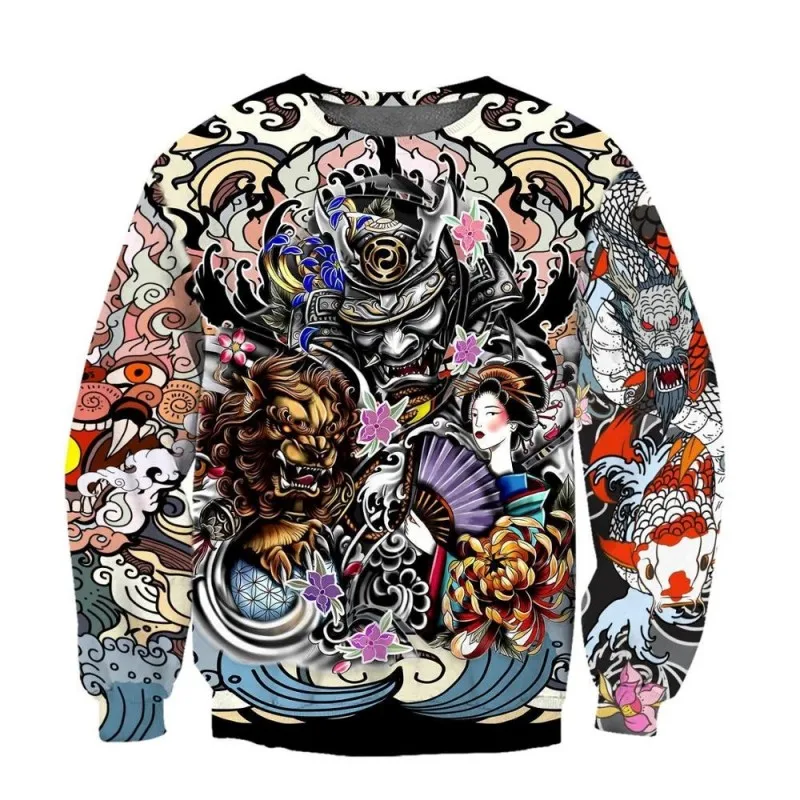 

3D Print Fashion Autumn Hoodie Samurai Geisha and Lion Tattoo Men's Unisex Sweatshirt Zipper Pullover Casual Jacket camping