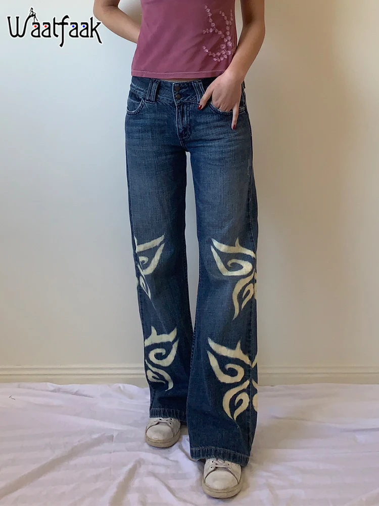 

Waatfaak Butterfly Printed Low Printed Flare Jeans Women 90S Blue Denim Wide Leg Pants Low Rise Baggy Jeans E Girl Streetwear