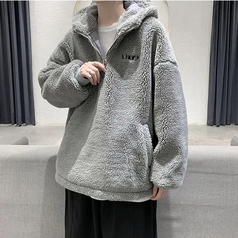 

QNPQYX New Winter Men's Fur Fleece New Fashion Coat Overcoat Male Lapel Warm Fluff Gray Zipper Hooded Jacket Outerwear big Size