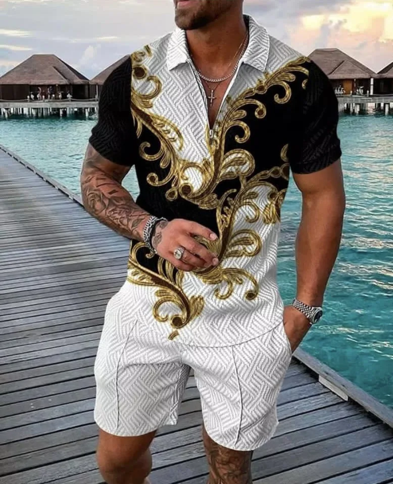Men's Suit Summer New 3D Printing Digital Printing Casual Color Contrast POLO Zipper Lapel Shirt Short Sleeve Suit