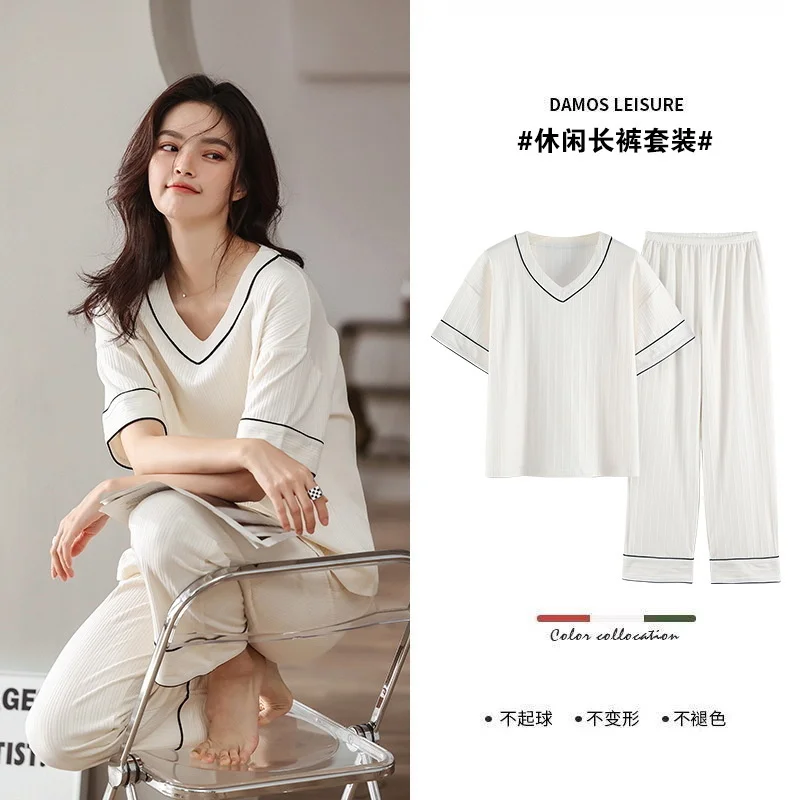 pajamas women's spring  summer short sleeved trousers cotton simple  natural solid color loose  home clothes suit