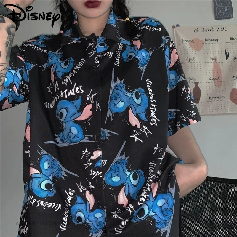 Disney Stitch Women's Summer Clothes Korean Street Fashion Design Top Oversized Short Sleeve Casual Blouse Cool Couples Shirts