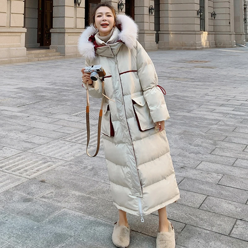 

Winter Women's White Duck Down Korean Jacket Plus Velvet Thick Cotton Long Section Contrast Color Hooded Big Fur Collar Coat
