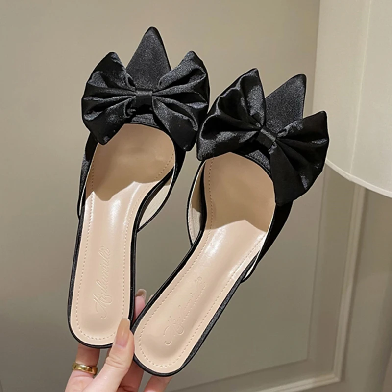 

Женские полуботинки на тонком каблуке, новинка 2022, Повседневная Уличная обувь с бантом-бабочкой, модные женские шлепанцы на среднем каблуке