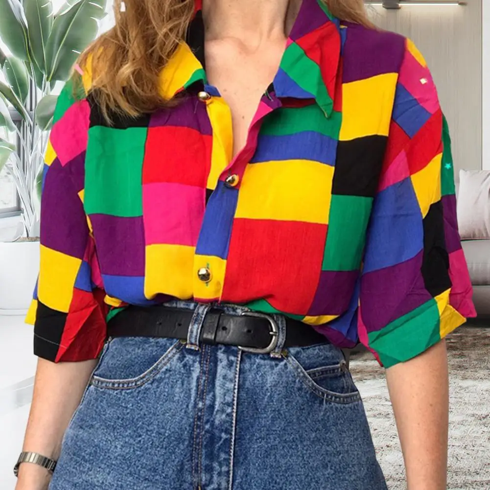 

Plaid Print Lapel Half Sleeve Shirt Long Sleeves Retro Single Breasted Lady Shirt Single Breasted Patch Pocket Casual Shirt