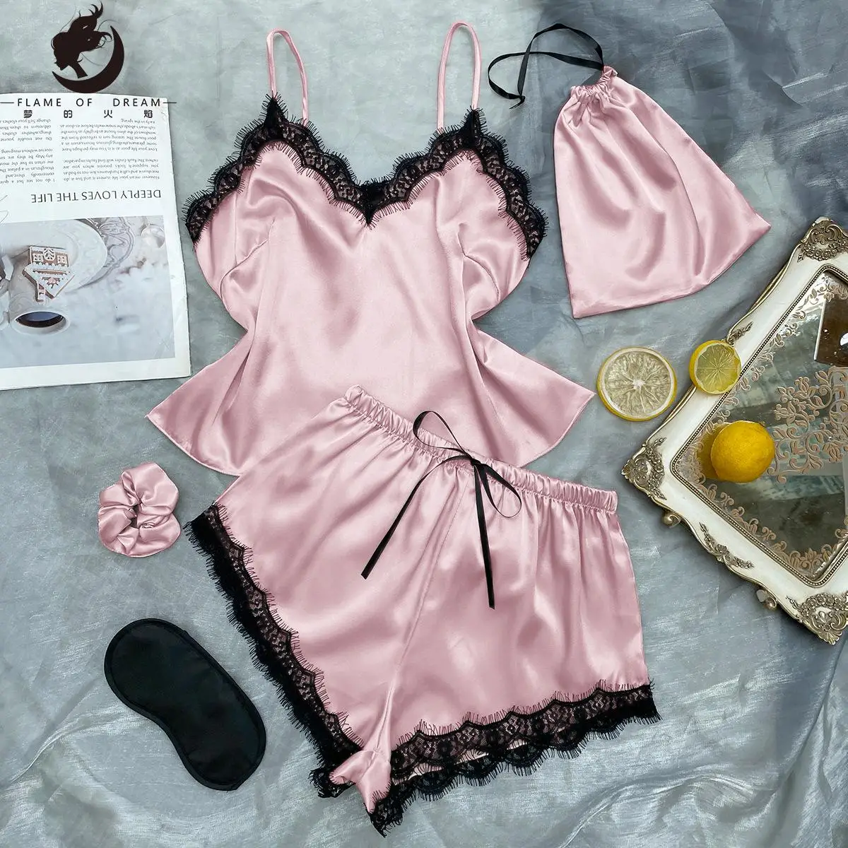 Sexy Lace  Home Wear Women's Summer Vest Lace-up Shorts Set Home Silk Ice Silk Pajamas 3020