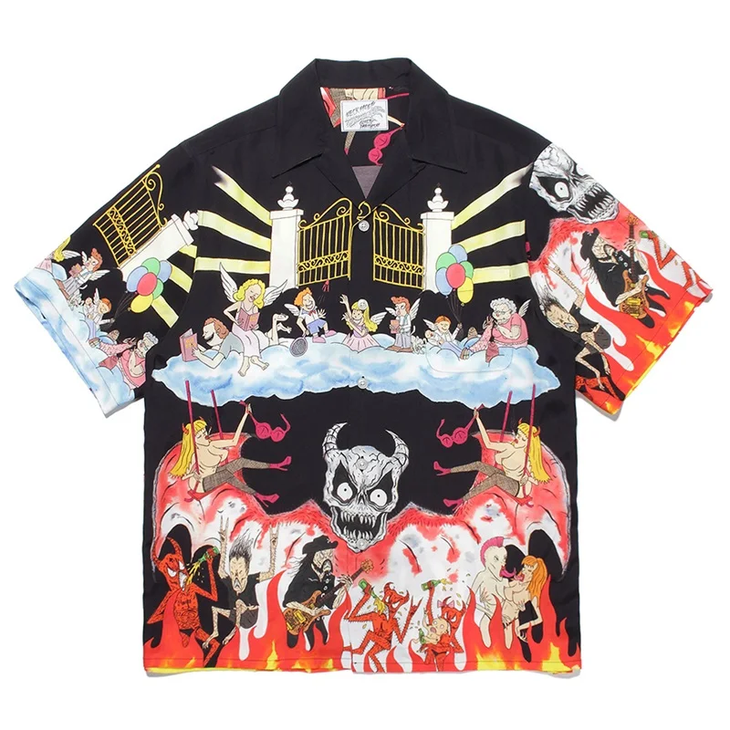 

Новые рубашки Wacko Maria для мужчин и женщин с принтом черепа летучая мышь белая черная Гавайская пляжная рубашка для тренажерного зала