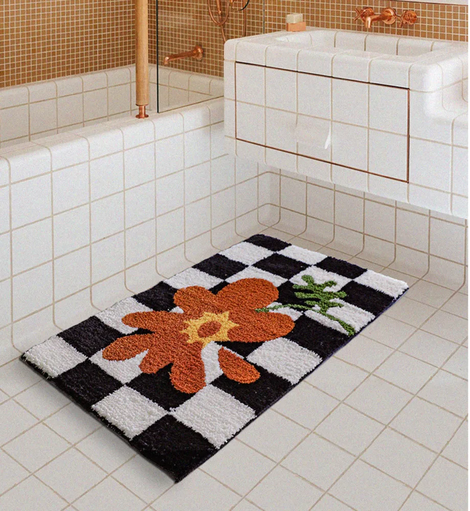 

Fluffy Grids Bathmat Soft Floral Bathroom Rug Bedside Carpet Function Entrance Floor Mat Anti Slip Pad Aesthetic Home Decor