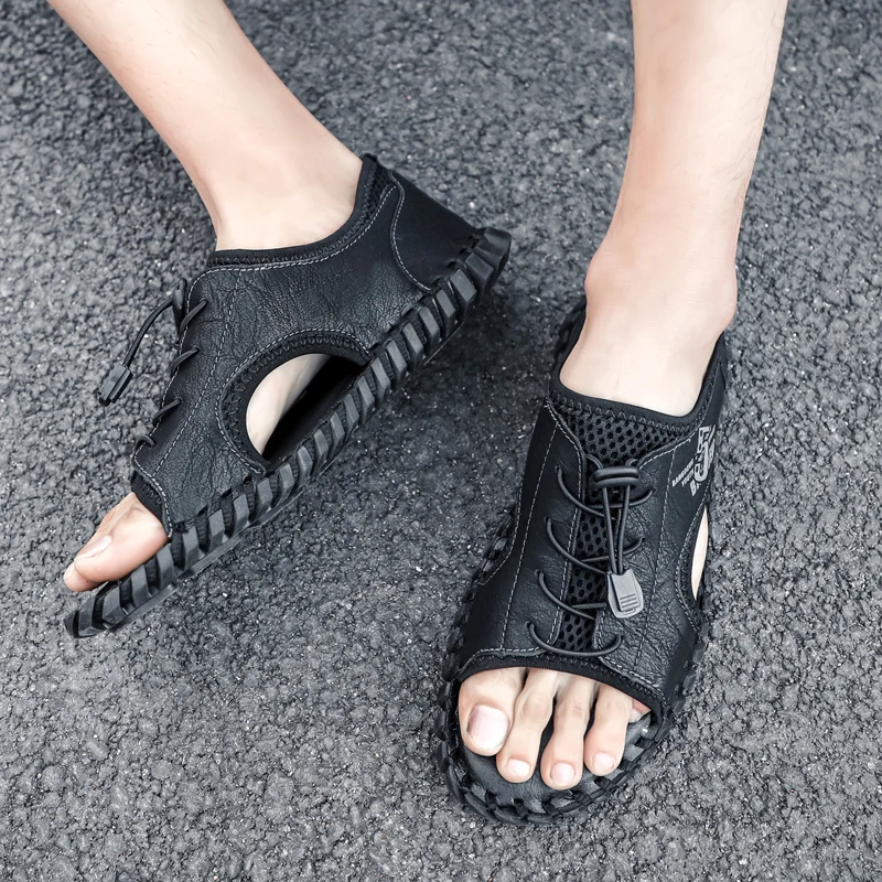 Mens Fashion Leather Sandals Summer Classic Men Shoes Slippers Soft Sandals Roman Comfortable Outdoor Walking Footwear