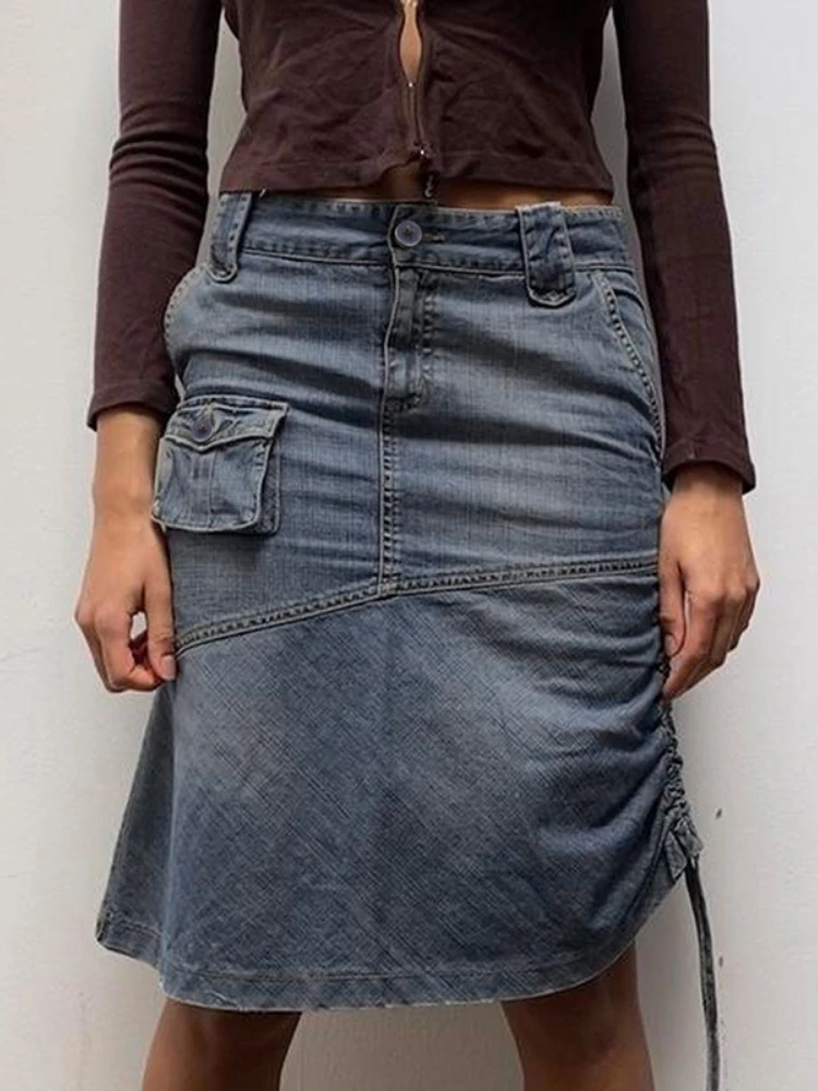 

American Retro Irregular Denim Skirt Unilateral Drawn Drawstring Solid Pocket High Waist Workwear Women Skirt Streetwear Casual