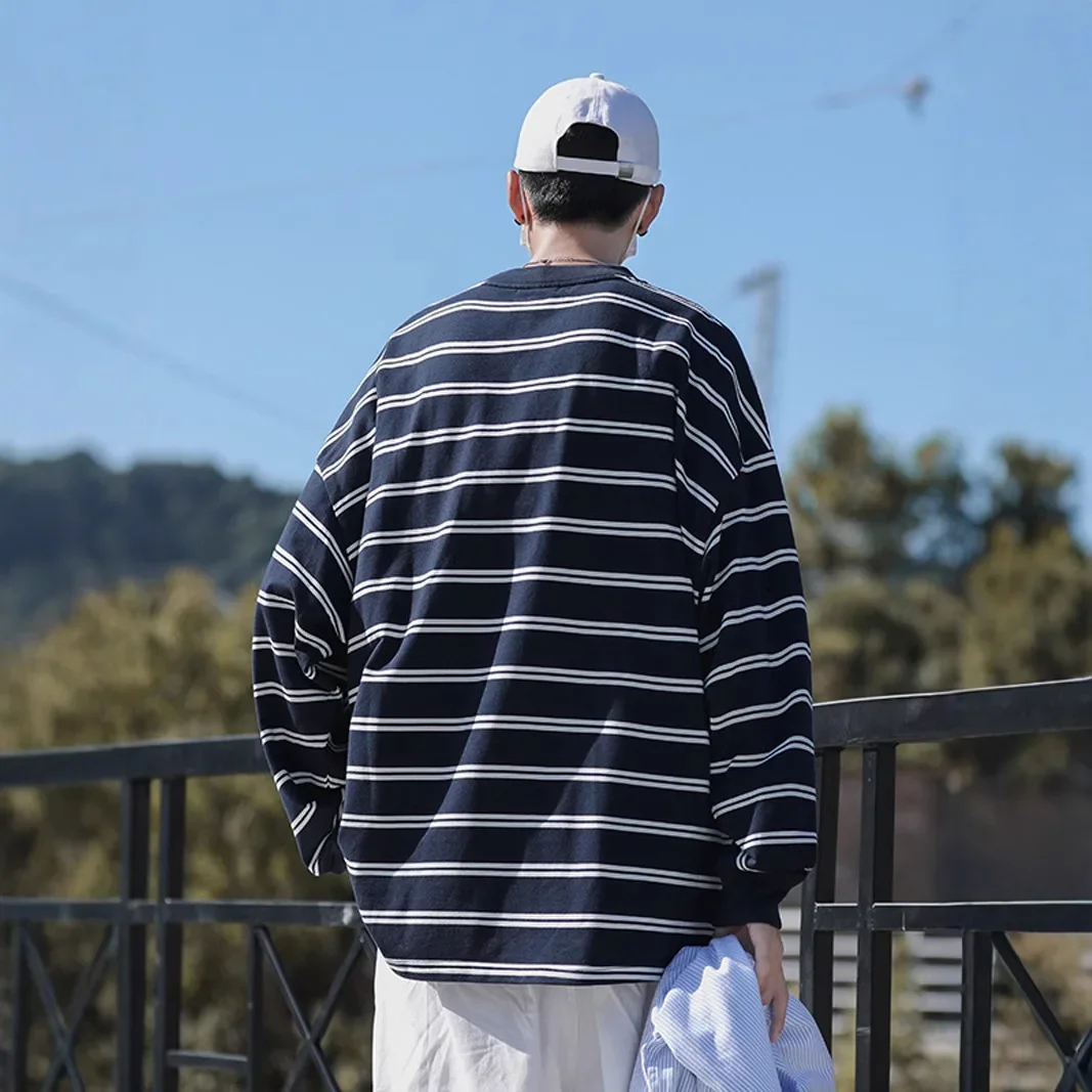 Модная полосатая футболка с длинными рукавами в гонконгском стиле уличная