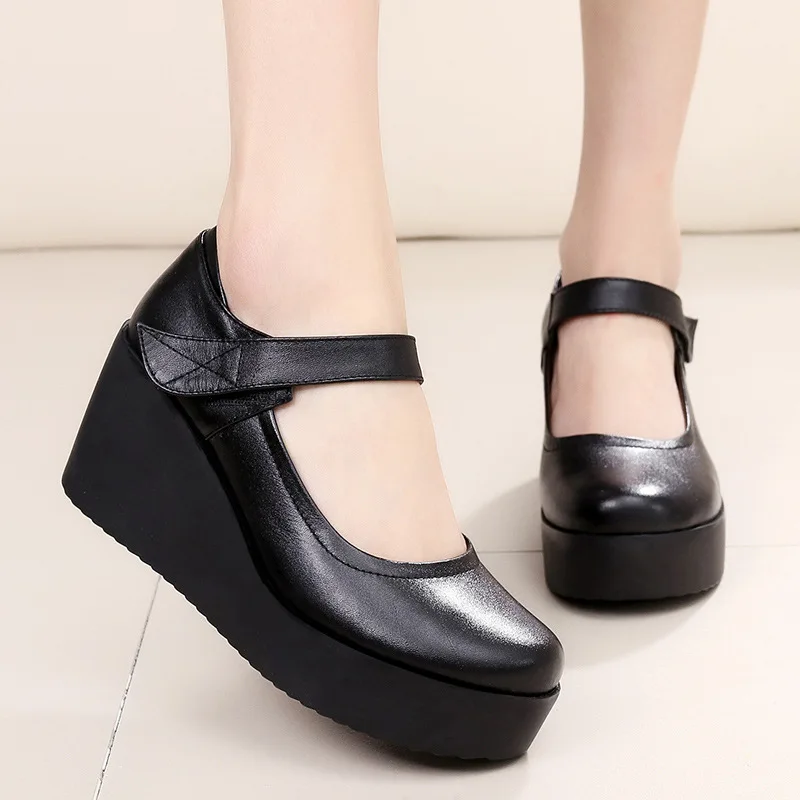 

2022 Spring Leather Shoes Women Platform Wedges Shoe High Heels Round Toe Comfortable Black Women Pumps Large Size 33-43