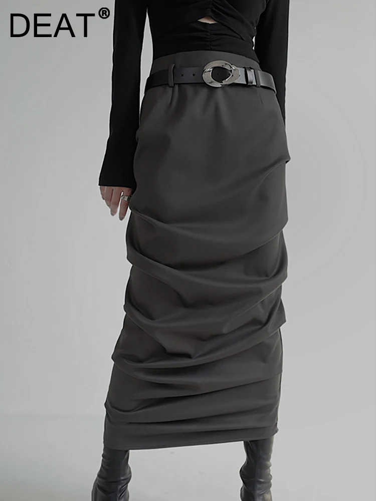 

DEAT Fashion Women's Skirt High Waist Loose Pleated Rear Split Solid Color Floor-length Skirts Spring 2023 Trend New 17A5746