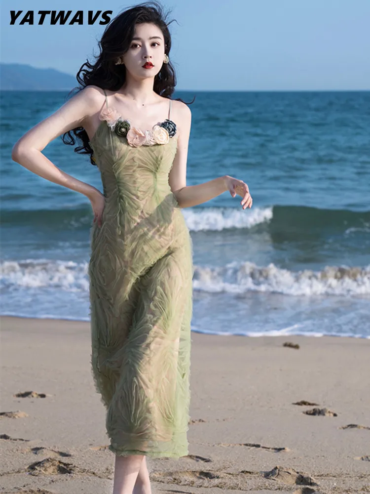 

Sweet Sexy Spaghetti Strap Mesh Dresses For Women 2022 Summer Fashion Three-Dimensional Flower Slim Holidays Party Dress