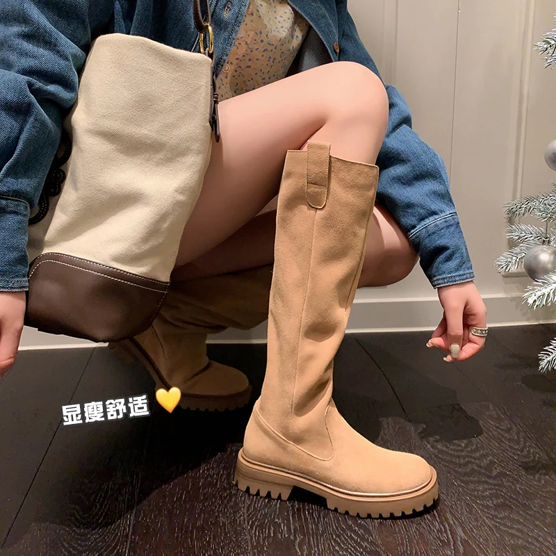 

2023 Autumn winter women knee-high boots natural leather 22-25cm Cow suede+pigskin full leather long boots women Western Boots