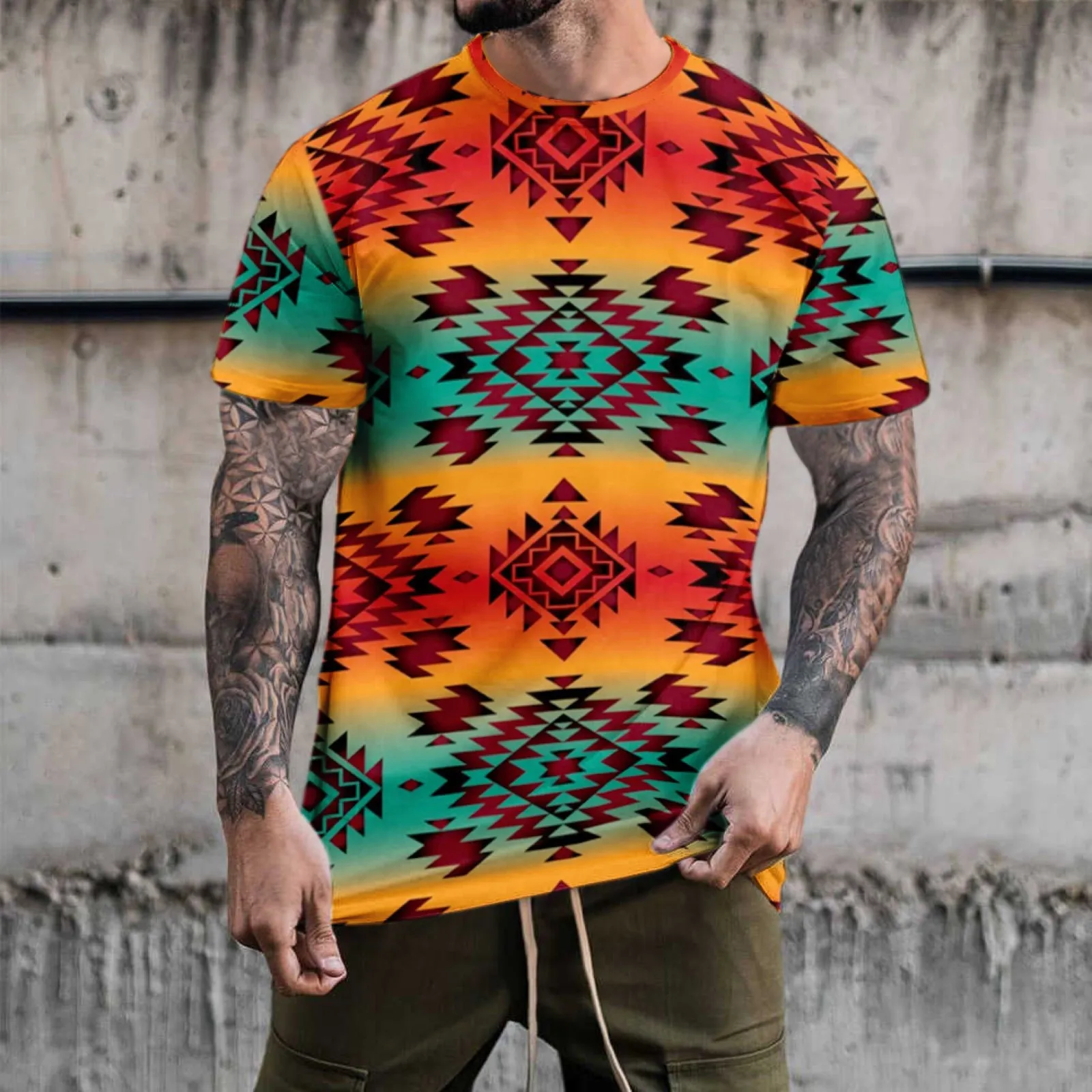 

Мужская летняя футболка с геометрическим принтом, с круглым вырезом и коротким рукавом