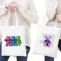 shopping bags women canvas shoulder bag reusable ladies bear printing handbags casual tote grocery storage bag for girls