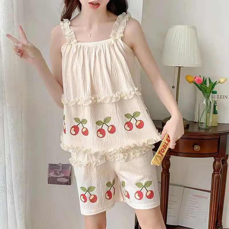 Women Girl Fashion Short Pajamas Sets Summer Wrinkled Sleepwear Cute Home Clothes