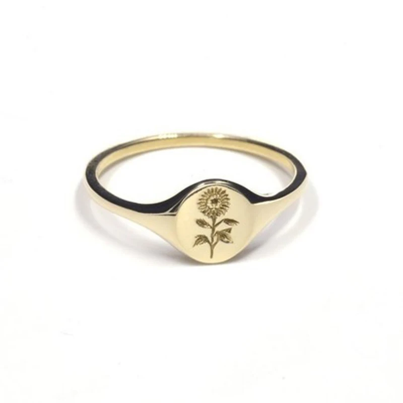 Модное позолоченное кольцо с гравировкой подсолнуха простое дизайнерское на