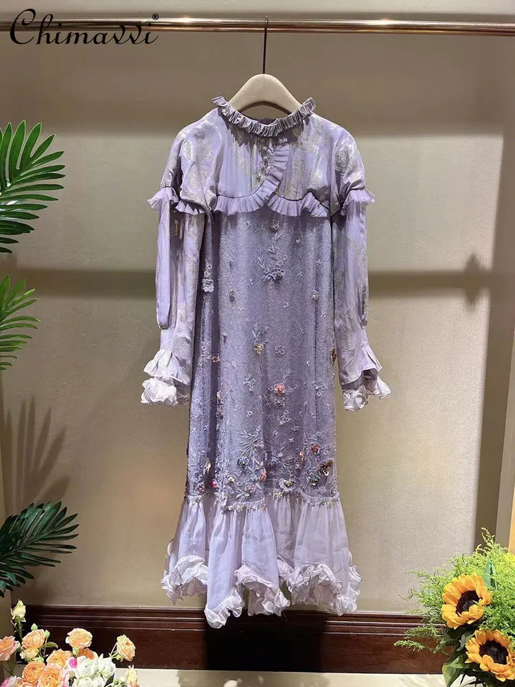 

French Entry Lux Fashion Design Three-Dimensional Embroidered Flower Dress Women Fairy Loose Slimming Long Sleeves Long Dress