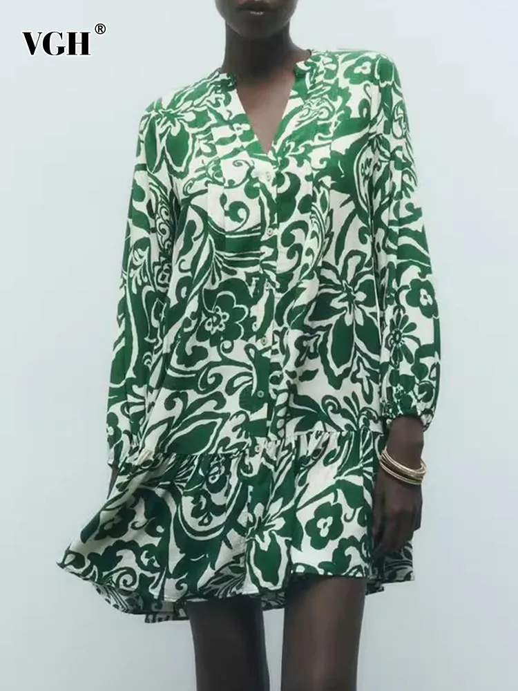 

VGH hit color floral printing dresses for women v neck long sleeve high waist patchwork single breasted loose dress female style