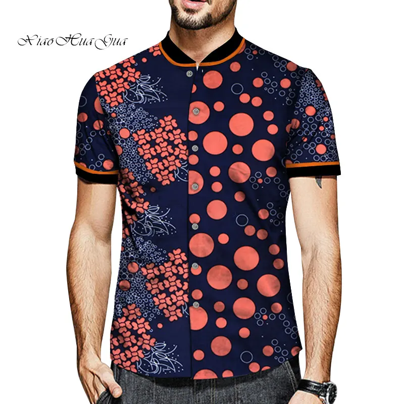 

Bazin Riche Men African Clothes Causal Men Short Sleeve Shirt Stand Neck Tops Tees Dashiki Men Top Africa Print Shirt WYN662