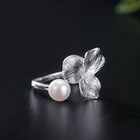 100 real 925 sterling silver simple flower adjustable rings jewelry for women chinese style natural pearl opening ring jz034