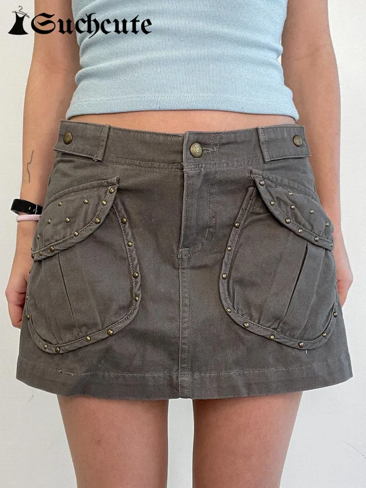 

SUCHCUTE Harajuku Pockets Patchwork Cargo Skirts y2k Vintage Solid Streetwear Demin Mini Skirts Women Low Waist Bodycon Clothes