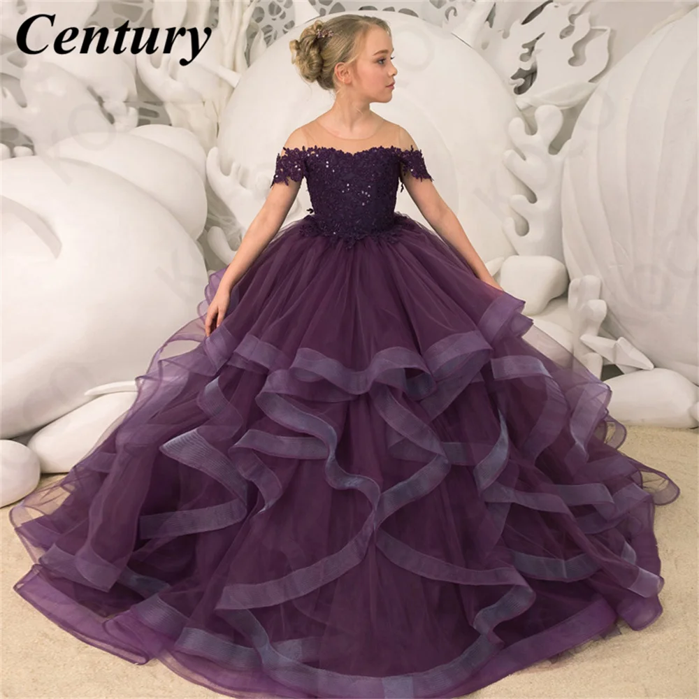 

Purple Flower Girl Dresses Appliques Children Dress Tiered Birthday Party Gown Off The Shulder Vestido De Noiva Birthday Gown